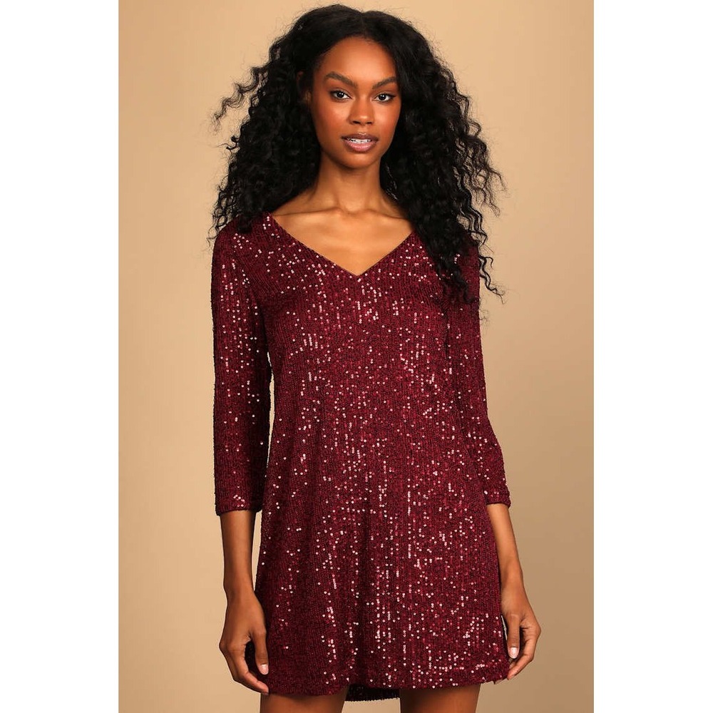 Lulus Burgundy Sequin V-Neck 3/4 Sleeve Shift Mini Dress XS New